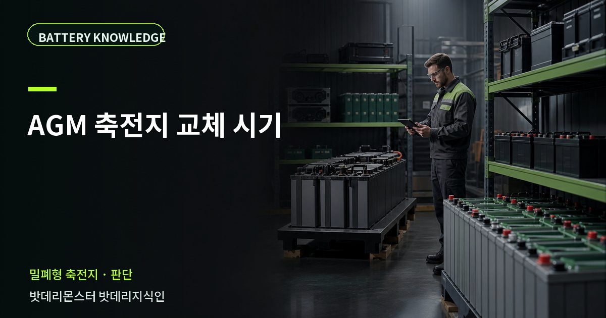 AGM 축전지 교체 시기의 확인 항목을 설명하는 산업용 배터리 교육 이미지