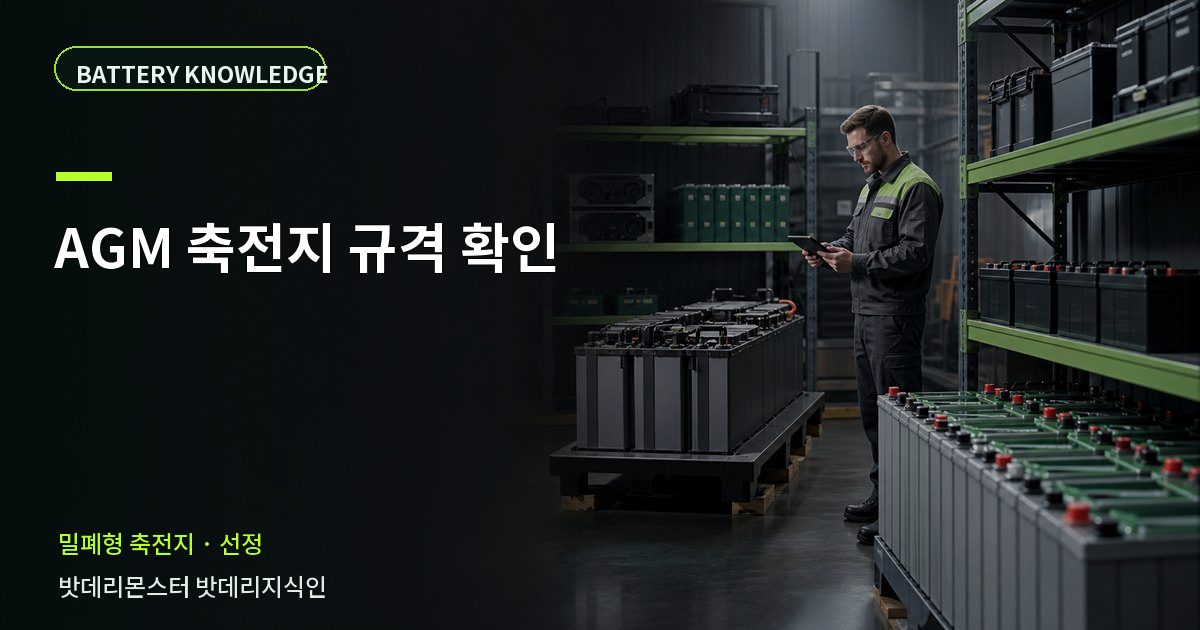 AGM 축전지 규격 확인의 확인 항목을 설명하는 산업용 배터리 교육 이미지