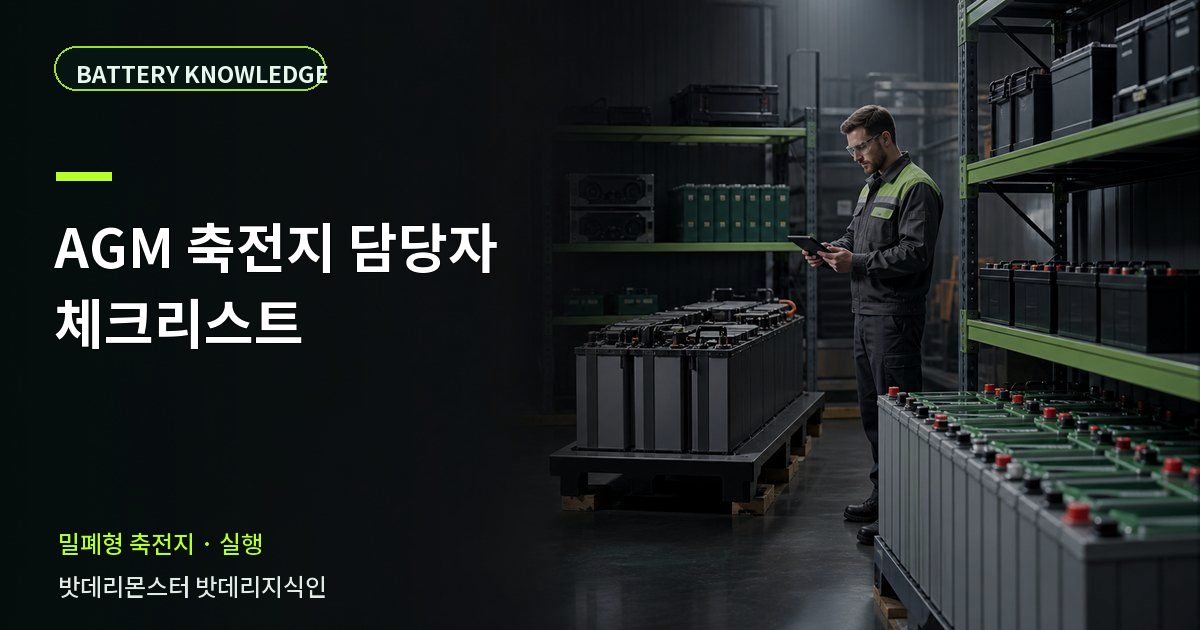 AGM 축전지 담당자 체크리스트의 확인 항목을 설명하는 산업용 배터리 교육 이미지