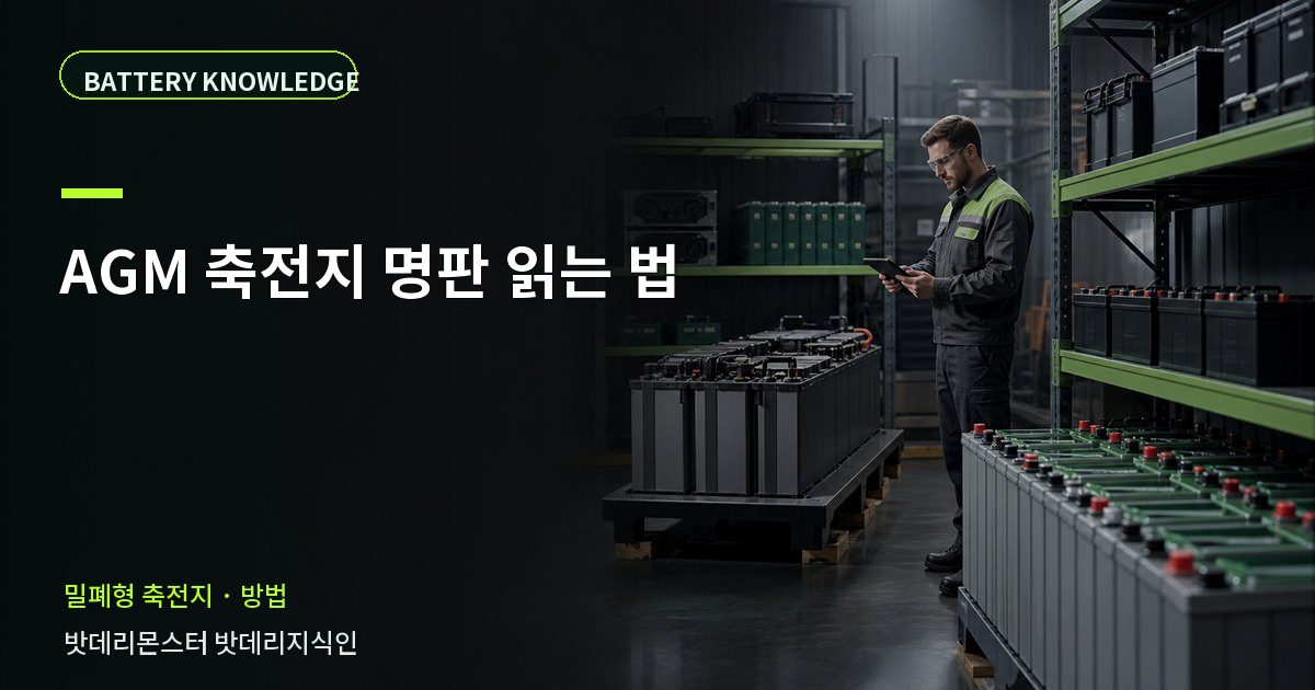 AGM 축전지 명판 읽는 법의 확인 항목을 설명하는 산업용 배터리 교육 이미지