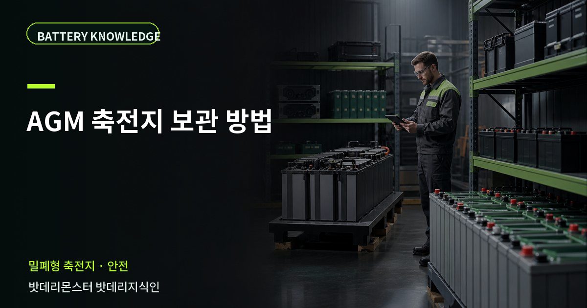 AGM 축전지 보관 방법의 확인 항목을 설명하는 산업용 배터리 교육 이미지