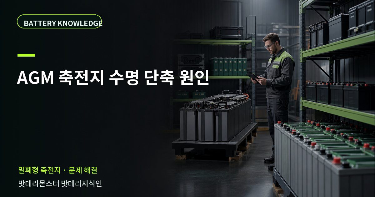 AGM 축전지 수명 단축 원인의 확인 항목을 설명하는 산업용 배터리 교육 이미지
