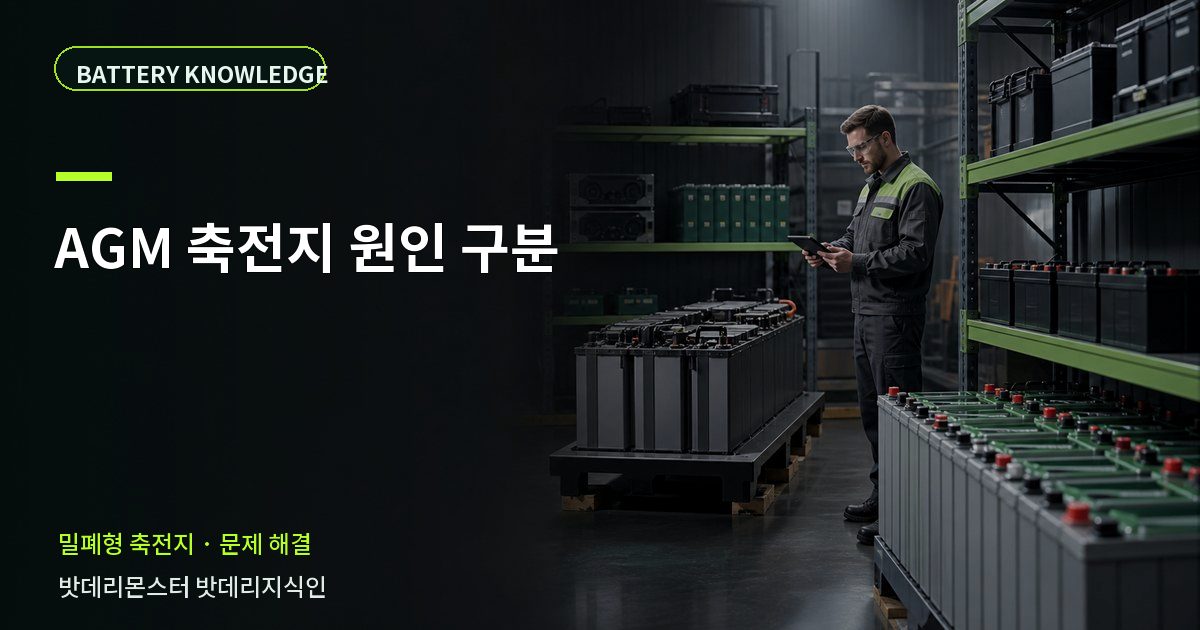 AGM 축전지 원인 구분의 확인 항목을 설명하는 산업용 배터리 교육 이미지