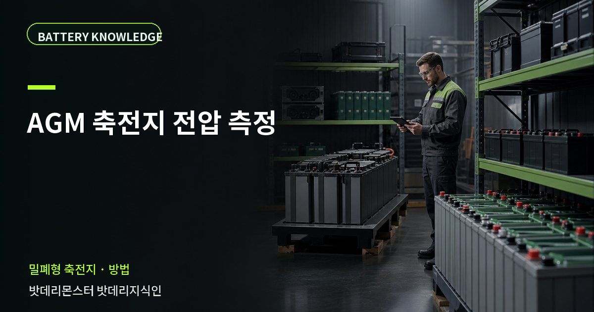 AGM 축전지 전압 측정의 확인 항목을 설명하는 산업용 배터리 교육 이미지