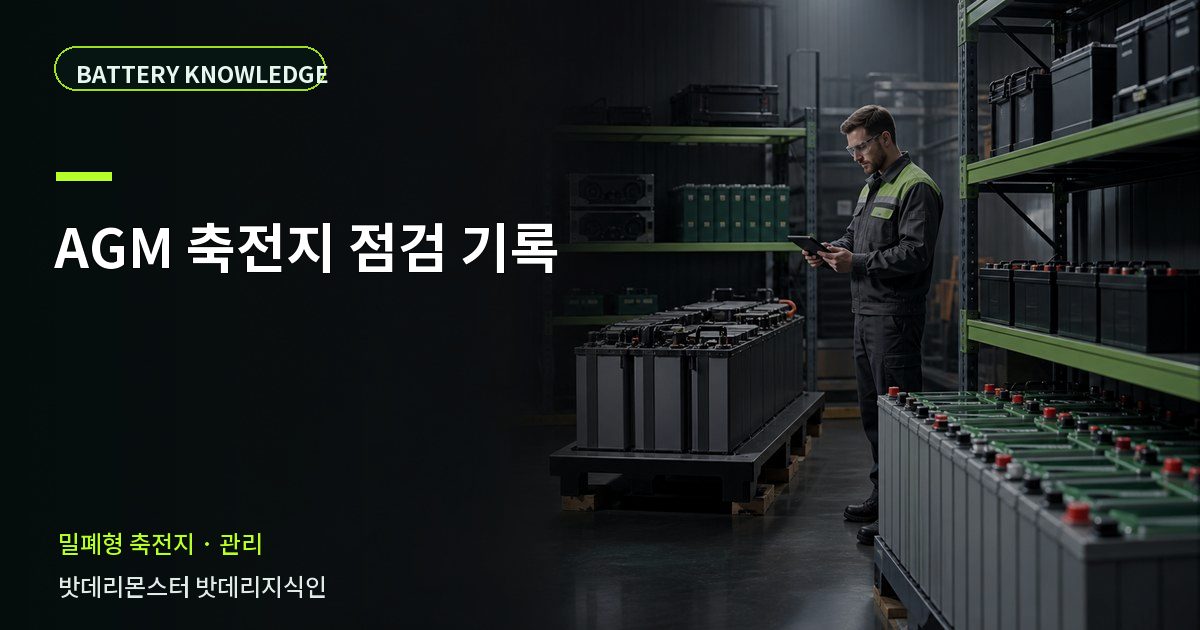 AGM 축전지 점검 기록의 확인 항목을 설명하는 산업용 배터리 교육 이미지