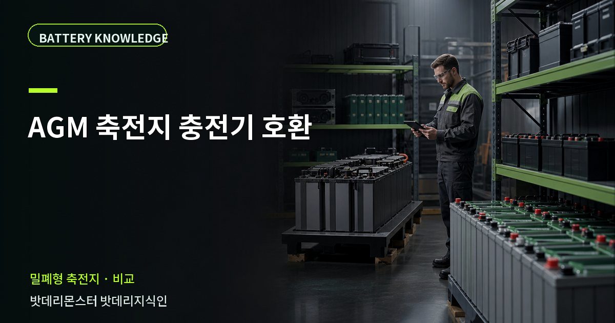 AGM 축전지 충전기 호환의 확인 항목을 설명하는 산업용 배터리 교육 이미지