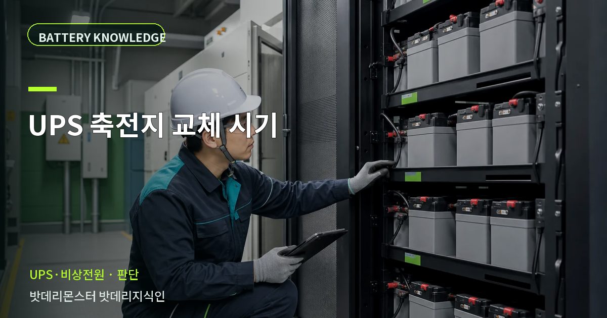 UPS 축전지 교체 시기의 확인 항목을 설명하는 산업용 배터리 교육 이미지
