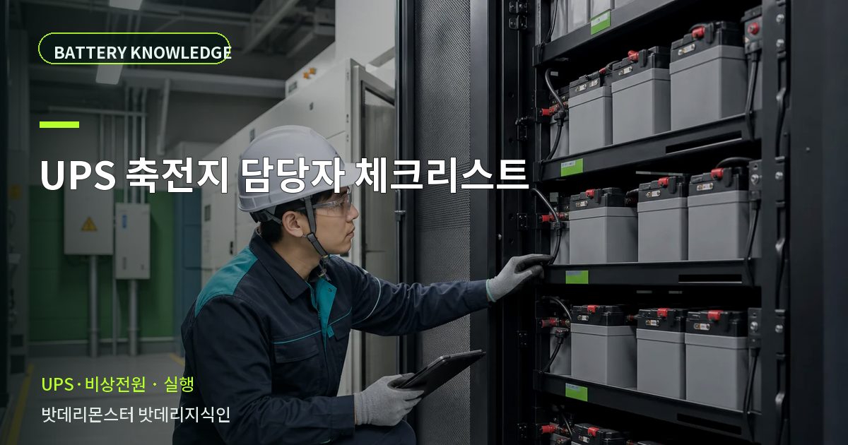UPS 축전지 담당자 체크리스트의 확인 항목을 설명하는 산업용 배터리 교육 이미지