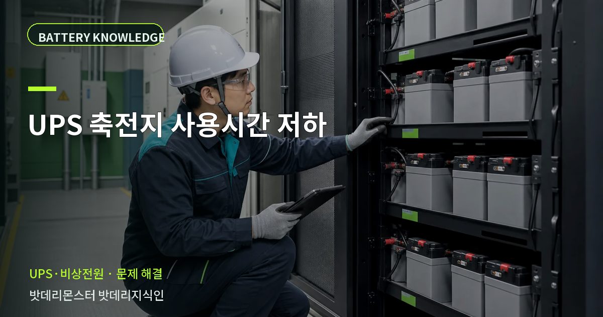 UPS 축전지 사용시간 저하의 확인 항목을 설명하는 산업용 배터리 교육 이미지