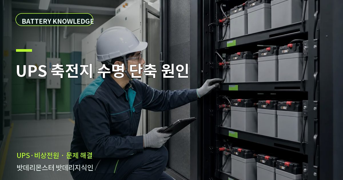 UPS 축전지 수명 단축 원인의 확인 항목을 설명하는 산업용 배터리 교육 이미지