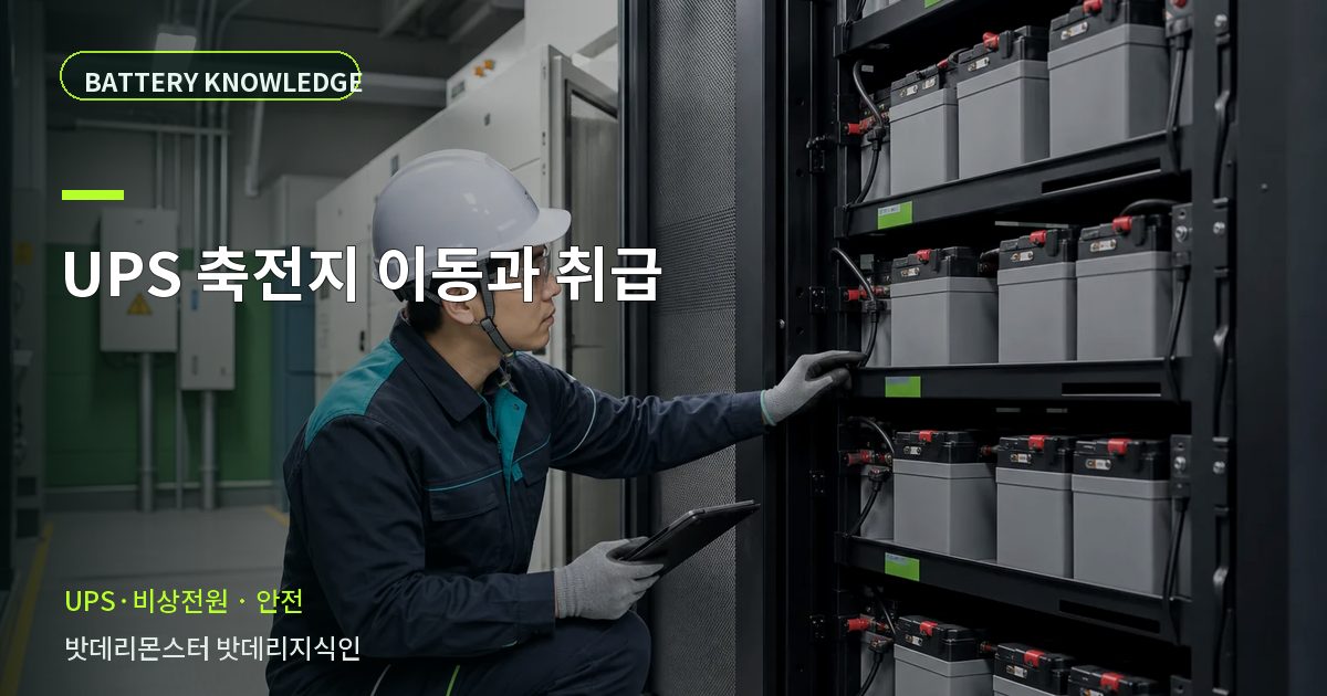 UPS 축전지 이동과 취급의 확인 항목을 설명하는 산업용 배터리 교육 이미지