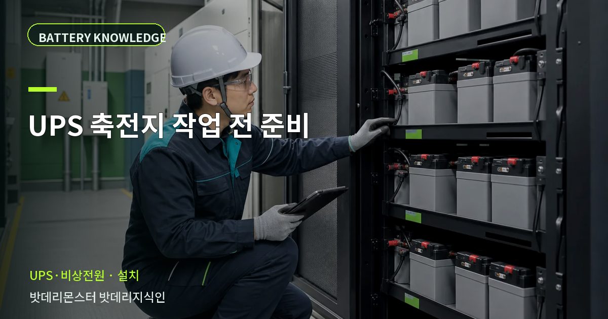 UPS 축전지 작업 전 준비의 확인 항목을 설명하는 산업용 배터리 교육 이미지