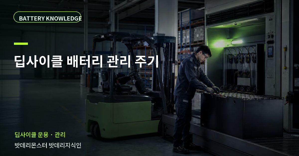 딥사이클 배터리 관리 주기의 확인 항목을 설명하는 산업용 배터리 교육 이미지