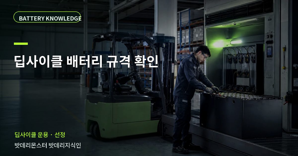 딥사이클 배터리 규격 확인의 확인 항목을 설명하는 산업용 배터리 교육 이미지