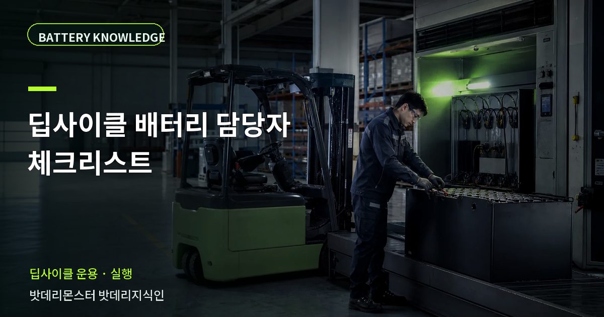 딥사이클 배터리 담당자 체크리스트의 확인 항목을 설명하는 산업용 배터리 교육 이미지