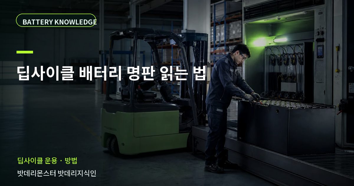 딥사이클 배터리 명판 읽는 법의 확인 항목을 설명하는 산업용 배터리 교육 이미지