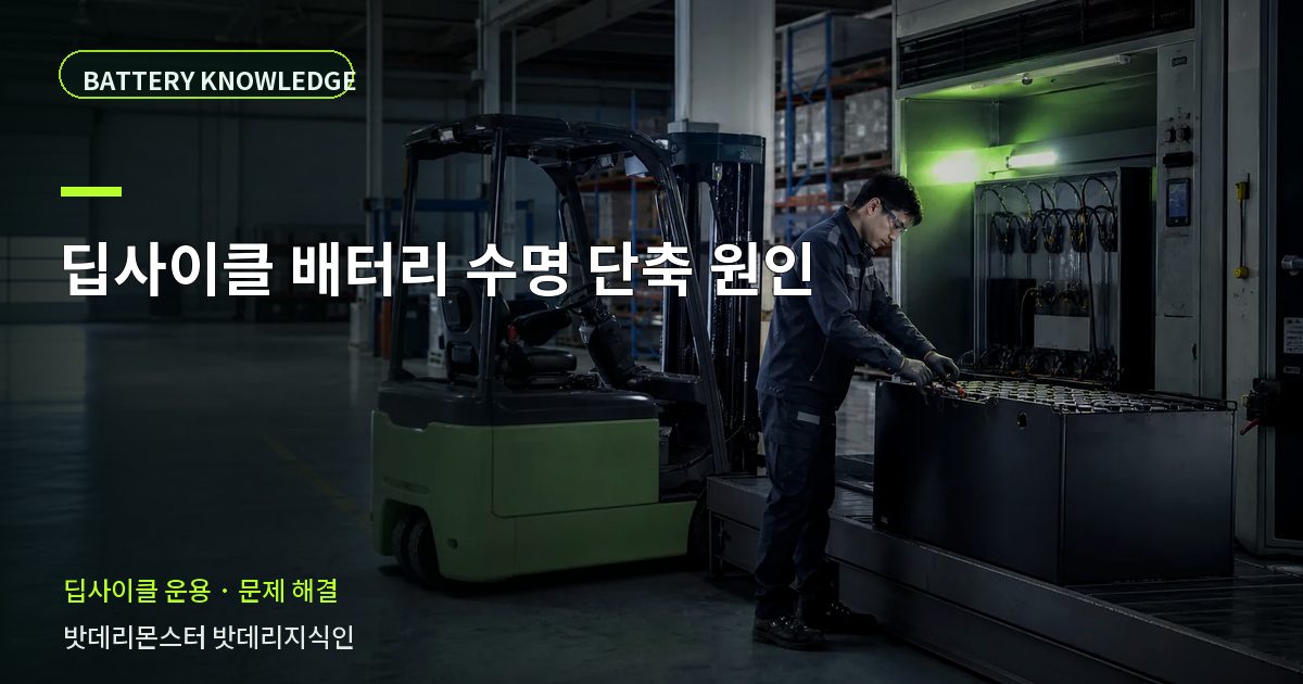 딥사이클 배터리 수명 단축 원인의 확인 항목을 설명하는 산업용 배터리 교육 이미지