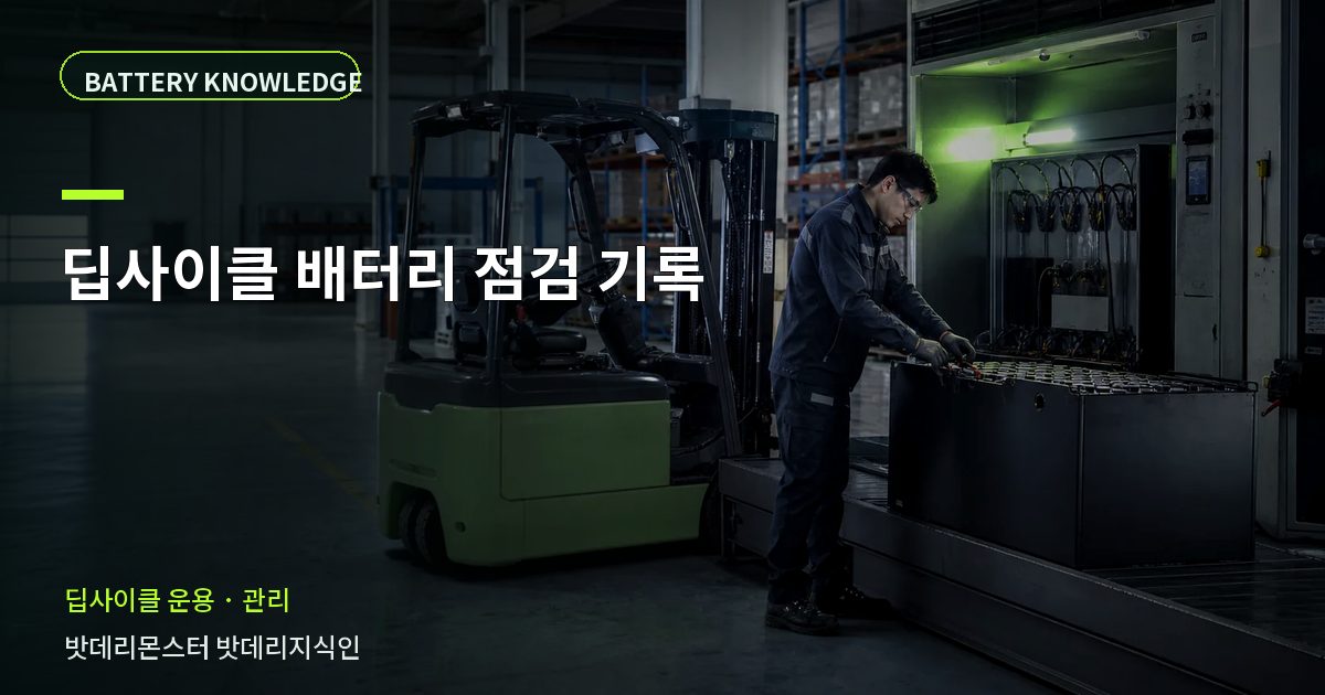 딥사이클 배터리 점검 기록의 확인 항목을 설명하는 산업용 배터리 교육 이미지