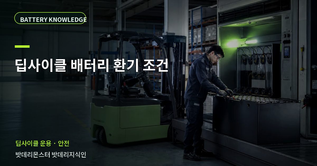 딥사이클 배터리 환기 조건의 확인 항목을 설명하는 산업용 배터리 교육 이미지
