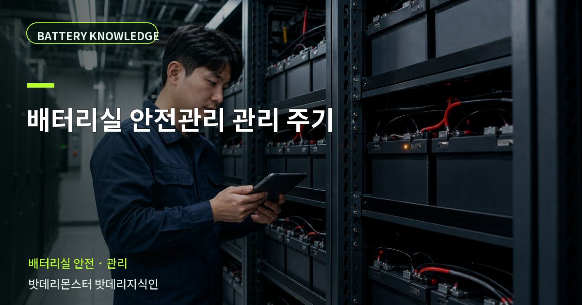 배터리실 안전관리 관리 주기의 확인 항목을 설명하는 산업용 배터리 교육 이미지