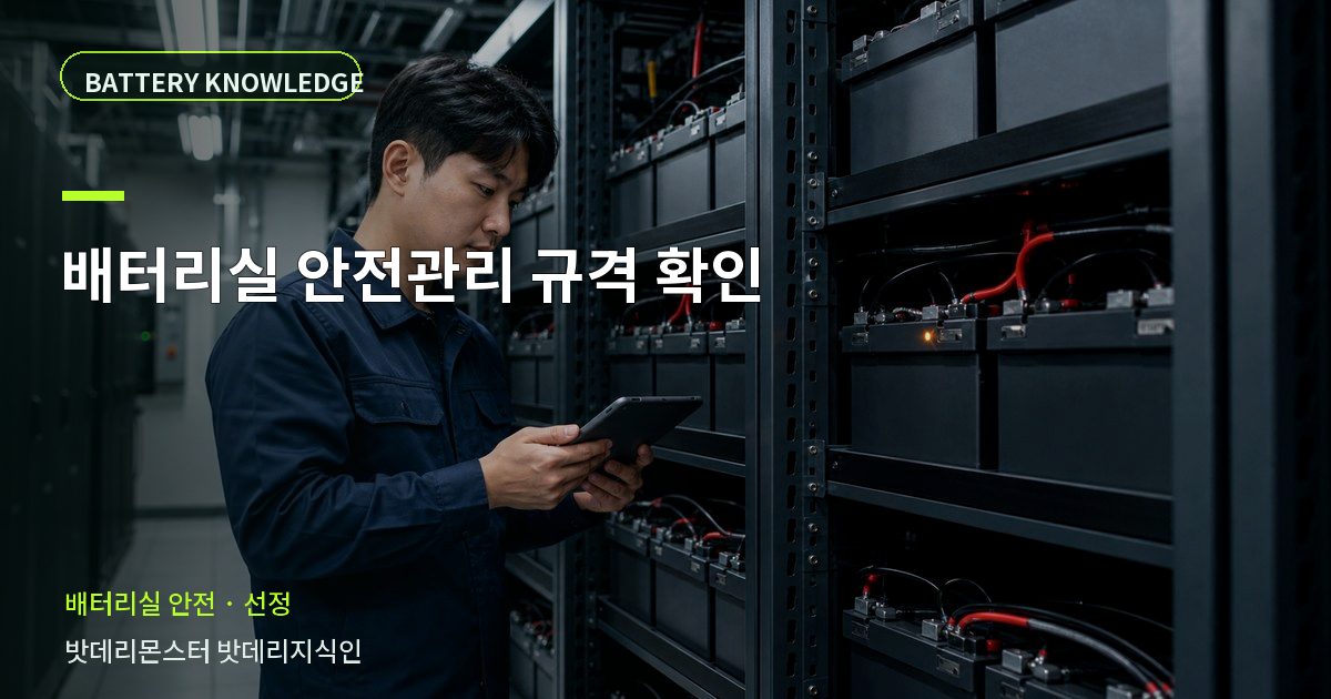 배터리실 안전관리 규격 확인의 확인 항목을 설명하는 산업용 배터리 교육 이미지