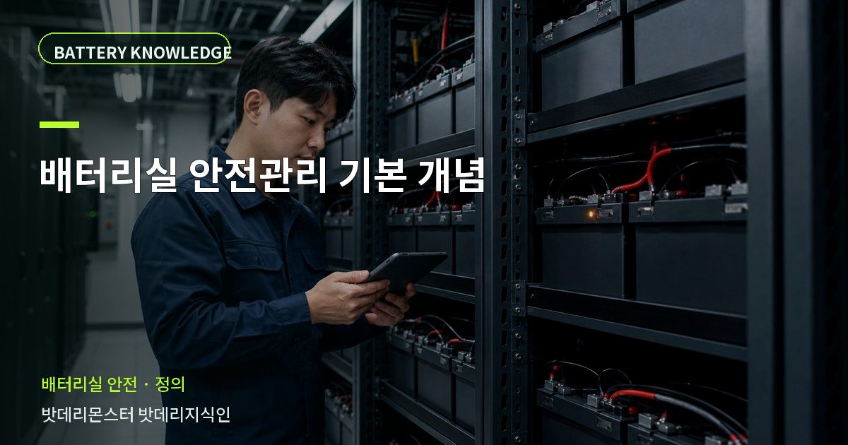 배터리실 안전관리 기본 개념의 확인 항목을 설명하는 산업용 배터리 교육 이미지