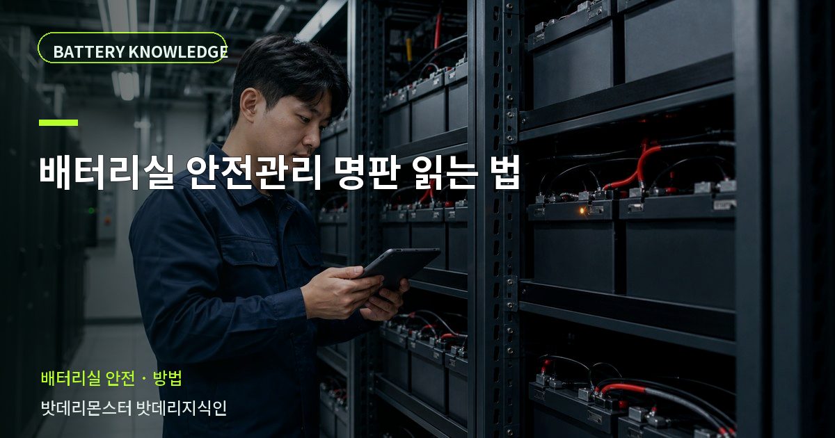 배터리실 안전관리 명판 읽는 법의 확인 항목을 설명하는 산업용 배터리 교육 이미지
