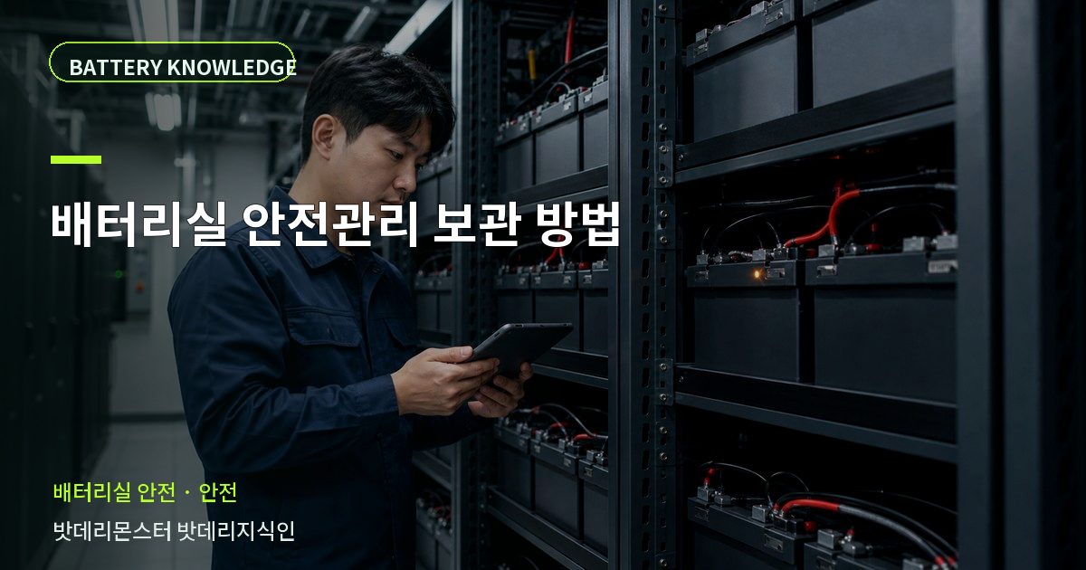배터리실 안전관리 보관 방법의 확인 항목을 설명하는 산업용 배터리 교육 이미지