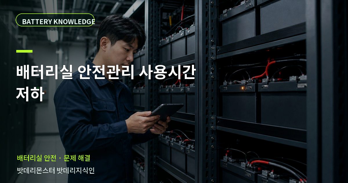 배터리실 안전관리 사용시간 저하의 확인 항목을 설명하는 산업용 배터리 교육 이미지