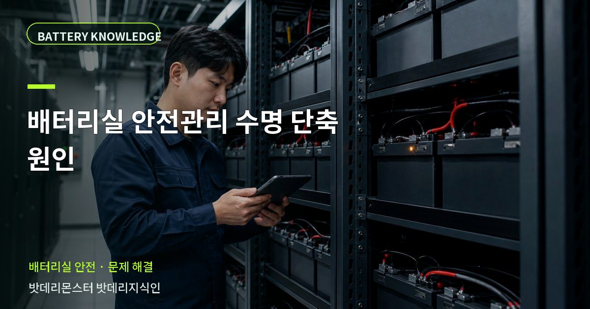 배터리실 안전관리 수명 단축 원인의 확인 항목을 설명하는 산업용 배터리 교육 이미지