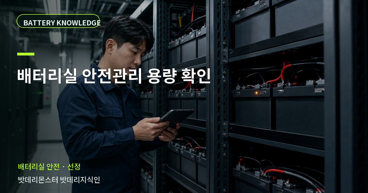 배터리실 안전관리 용량 확인의 확인 항목을 설명하는 산업용 배터리 교육 이미지