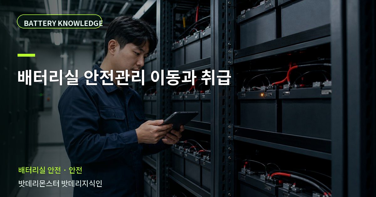 배터리실 안전관리 이동과 취급의 확인 항목을 설명하는 산업용 배터리 교육 이미지