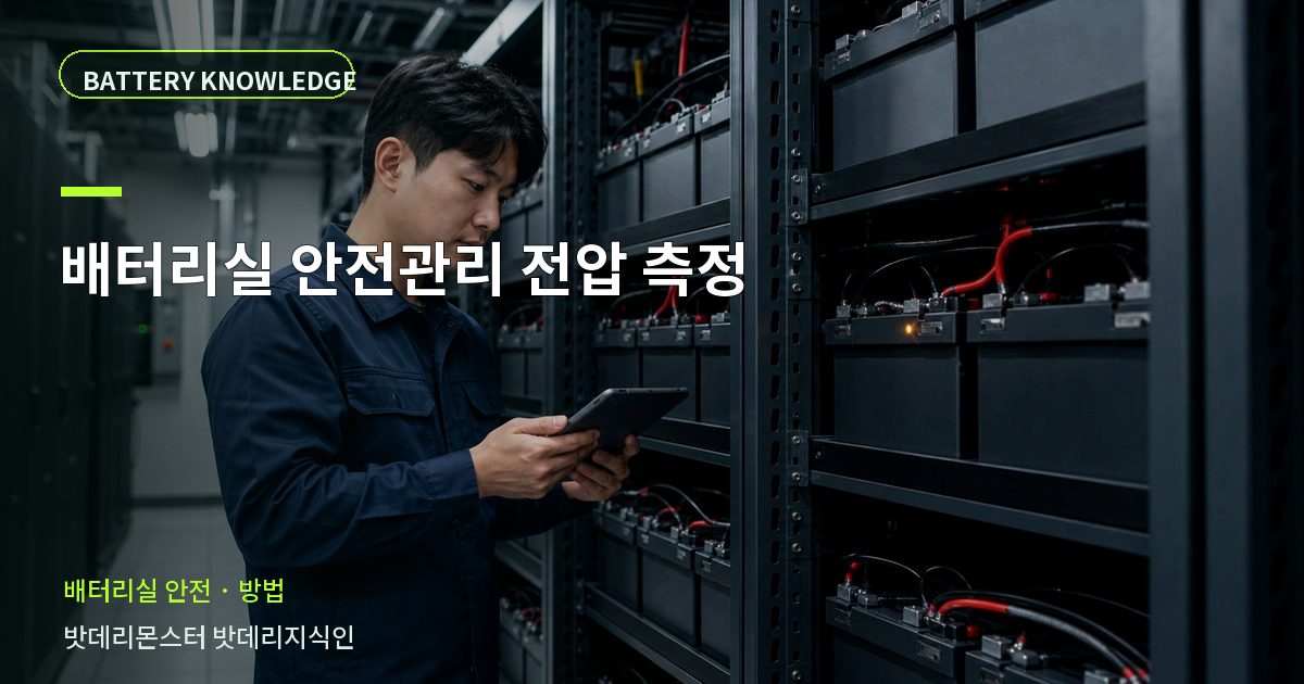 배터리실 안전관리 전압 측정의 확인 항목을 설명하는 산업용 배터리 교육 이미지