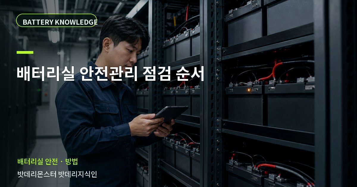 배터리실 안전관리 점검 순서의 확인 항목을 설명하는 산업용 배터리 교육 이미지