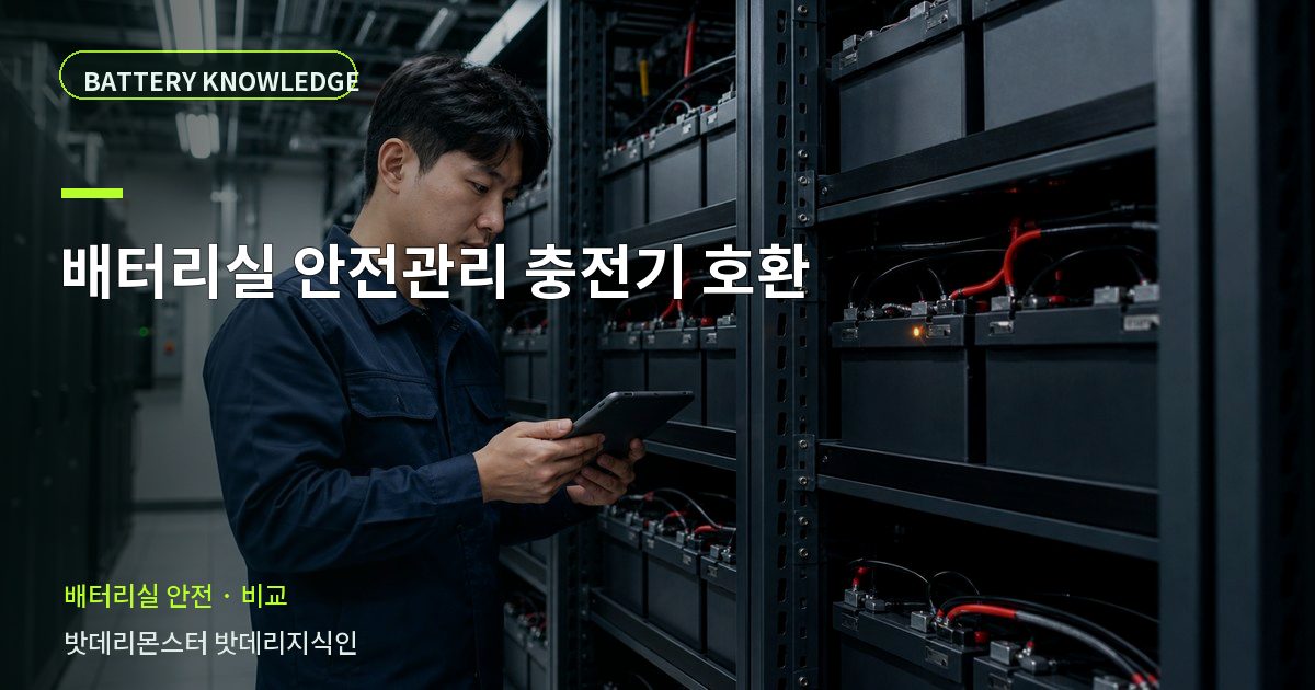 배터리실 안전관리 충전기 호환의 확인 항목을 설명하는 산업용 배터리 교육 이미지