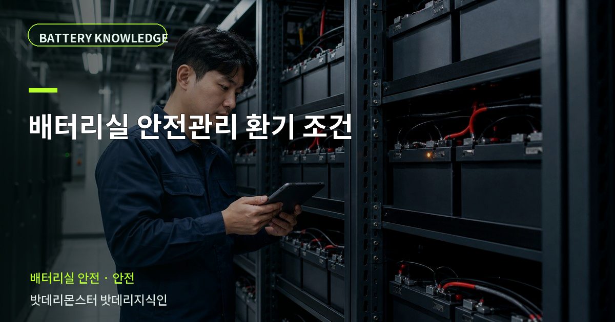 배터리실 안전관리 환기 조건의 확인 항목을 설명하는 산업용 배터리 교육 이미지