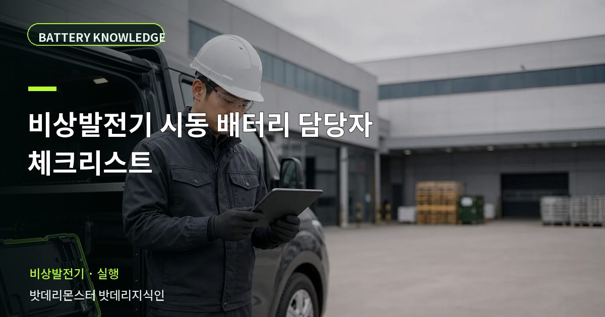 비상발전기 시동 배터리 담당자 체크리스트의 확인 항목을 설명하는 산업용 배터리 교육 이미지
