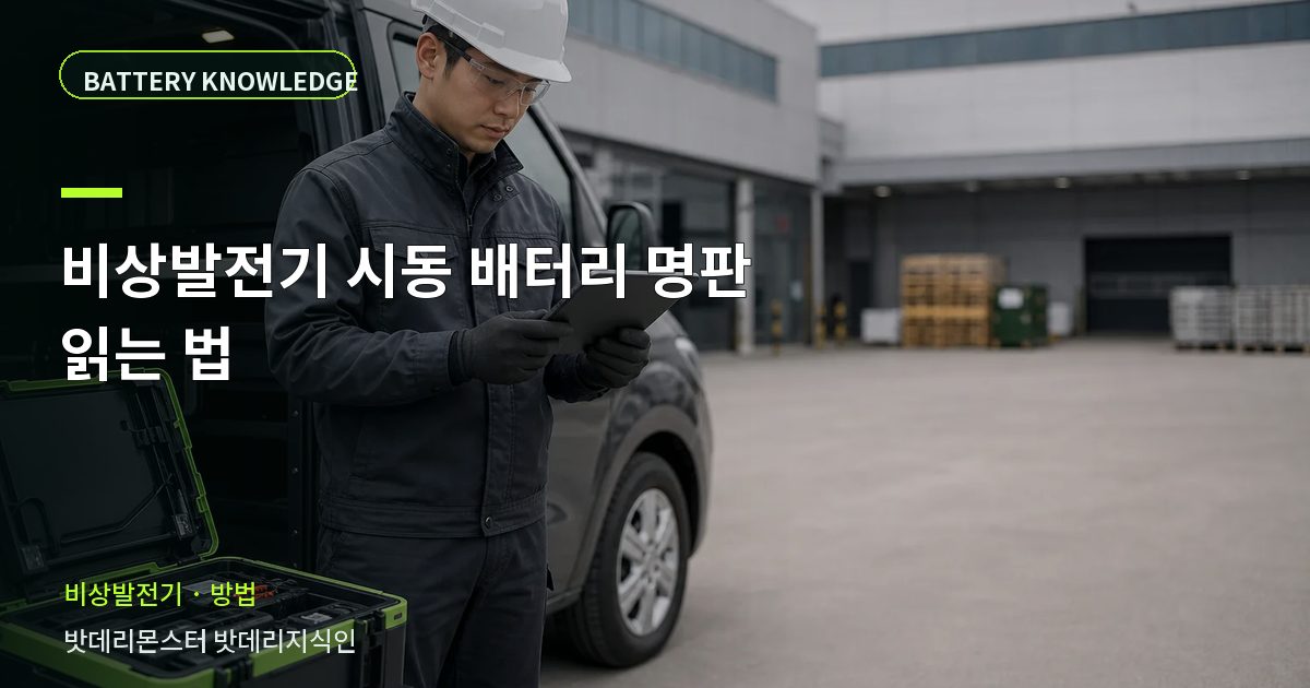 비상발전기 시동 배터리 명판 읽는 법의 확인 항목을 설명하는 산업용 배터리 교육 이미지