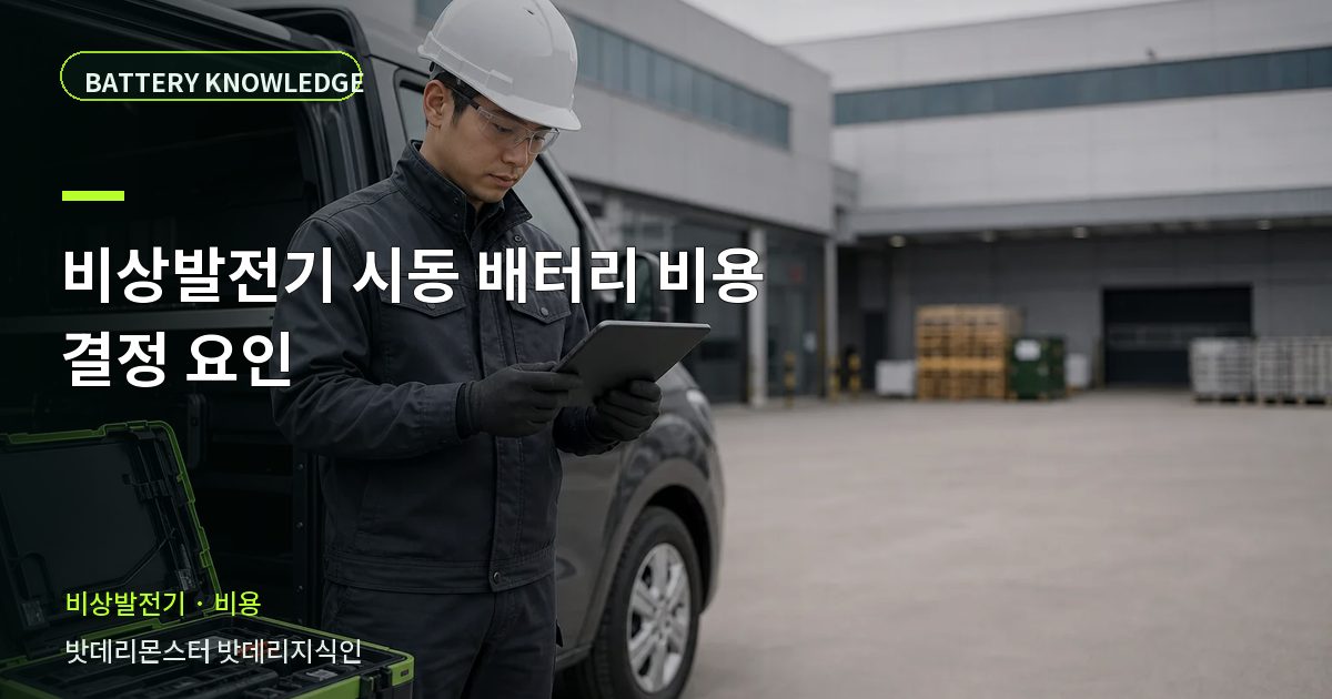 비상발전기 시동 배터리 비용 결정 요인의 확인 항목을 설명하는 산업용 배터리 교육 이미지