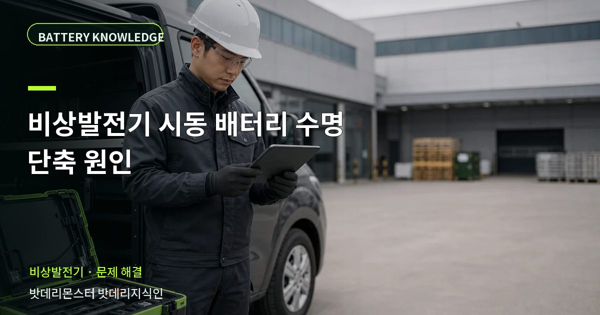 비상발전기 시동 배터리 수명 단축 원인의 확인 항목을 설명하는 산업용 배터리 교육 이미지
