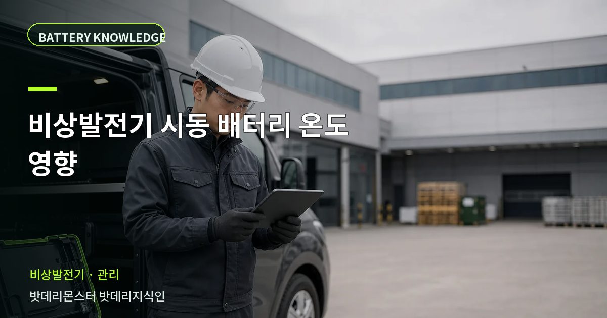 비상발전기 시동 배터리 온도 영향의 확인 항목을 설명하는 산업용 배터리 교육 이미지