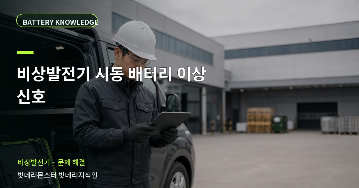 비상발전기 시동 배터리 이상 신호의 확인 항목을 설명하는 산업용 배터리 교육 이미지
