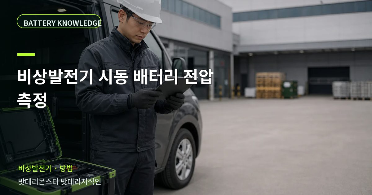 비상발전기 시동 배터리 전압 측정의 확인 항목을 설명하는 산업용 배터리 교육 이미지
