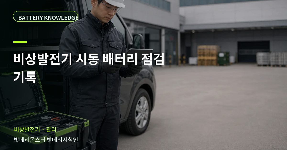 비상발전기 시동 배터리 점검 기록의 확인 항목을 설명하는 산업용 배터리 교육 이미지