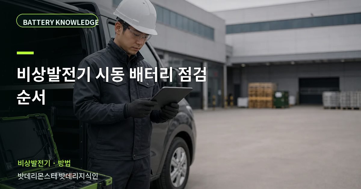 비상발전기 시동 배터리 점검 순서의 확인 항목을 설명하는 산업용 배터리 교육 이미지
