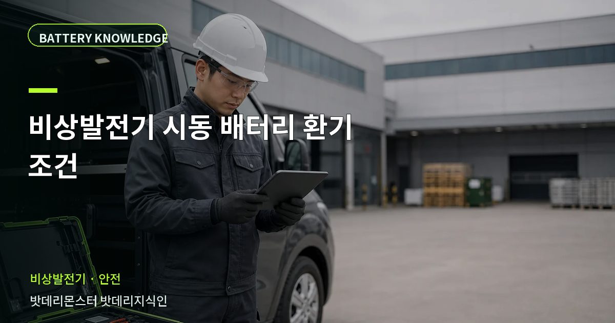비상발전기 시동 배터리 환기 조건의 확인 항목을 설명하는 산업용 배터리 교육 이미지