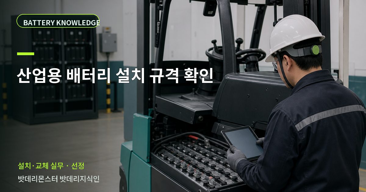 산업용 배터리 설치 규격 확인의 확인 항목을 설명하는 산업용 배터리 교육 이미지
