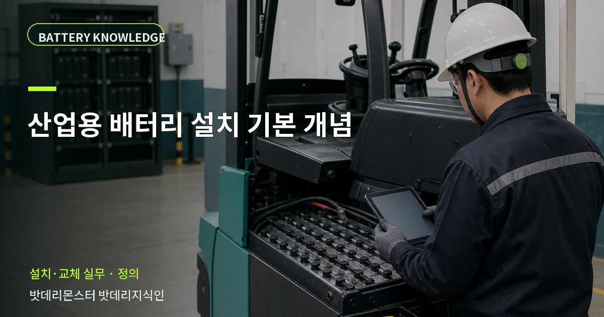 산업용 배터리 설치 기본 개념의 확인 항목을 설명하는 산업용 배터리 교육 이미지