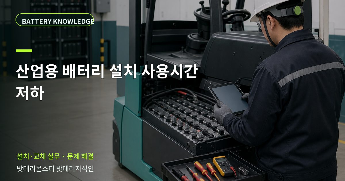 산업용 배터리 설치 사용시간 저하의 확인 항목을 설명하는 산업용 배터리 교육 이미지