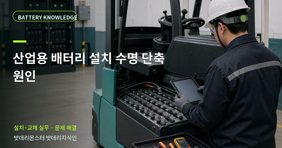 산업용 배터리 설치 수명 단축 원인의 확인 항목을 설명하는 산업용 배터리 교육 이미지